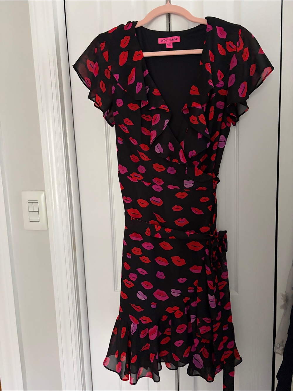 Betsey Johnson Black Mini Wrap Dress with Red & Pink Lip Print